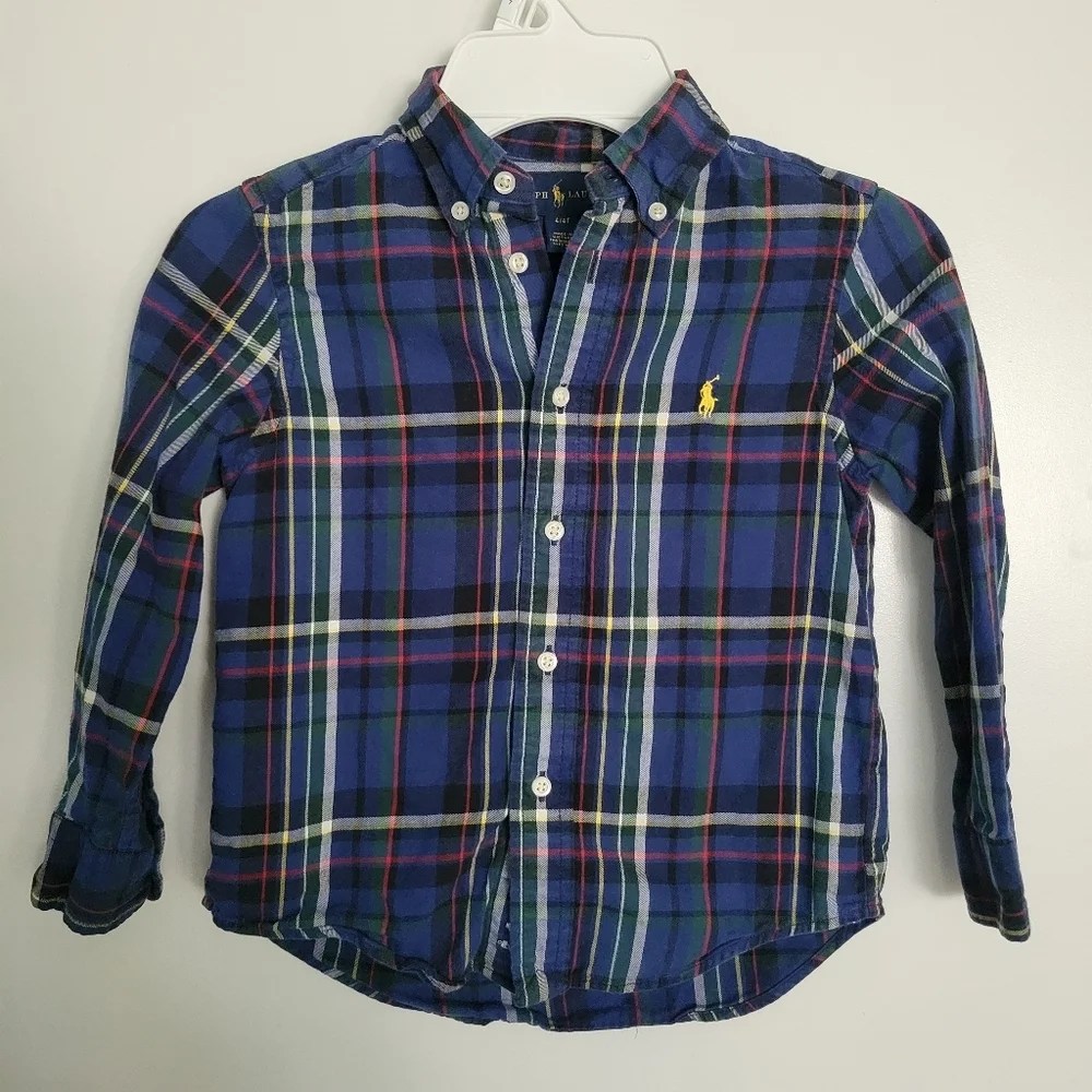 Polo Ralph Lauren 100% Cotton Long Sleeve Button Down Boys 4 Plaid Blue